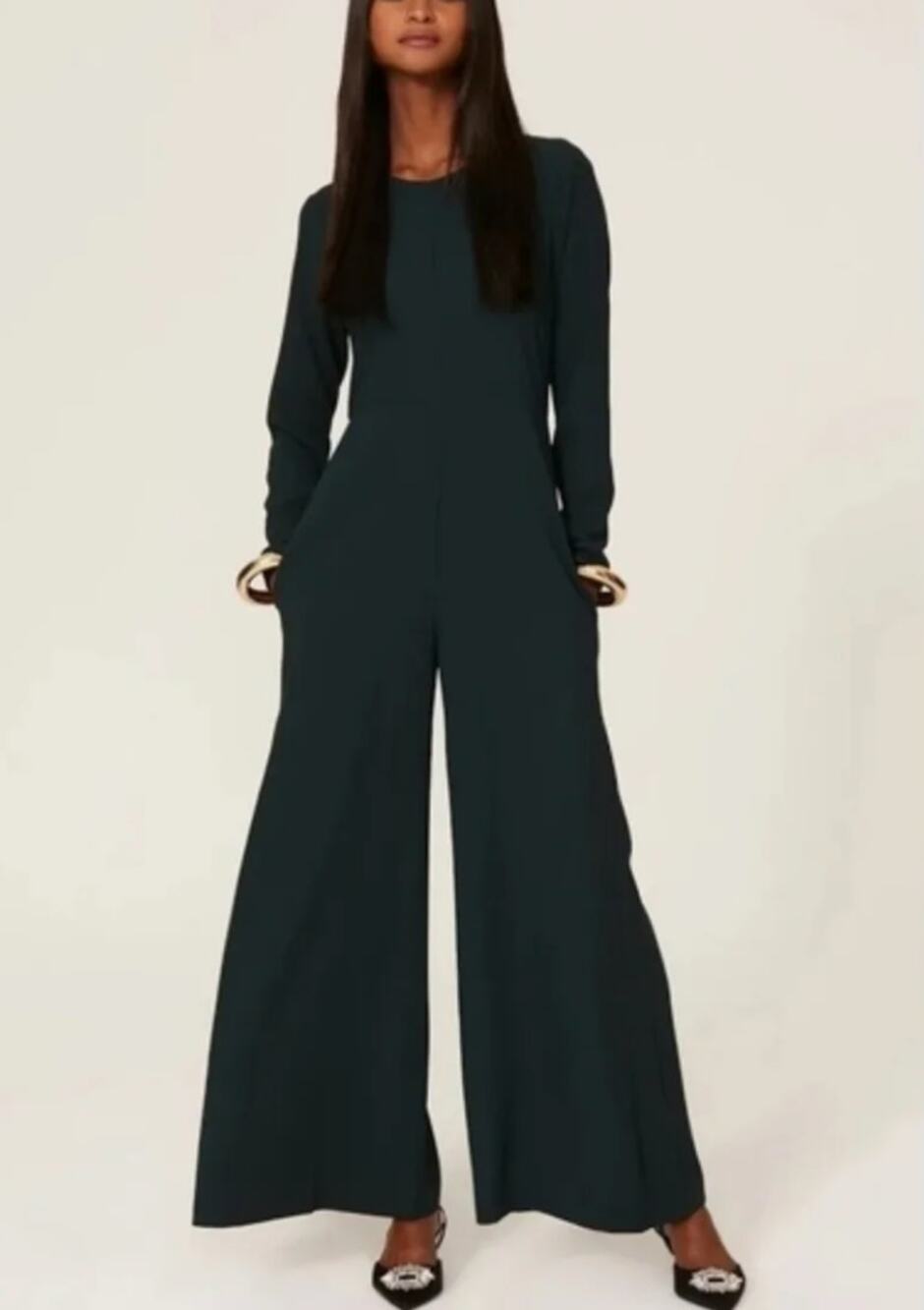 Adam Lippes Dark Green Wide Leg Jumpsuit SIZE 6 Long Sleeve Career Designer $528